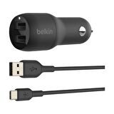 Belkin 24W Hızlı Araç Şarj Cihazı 2 Port USB Siyah+Type-C kablo
